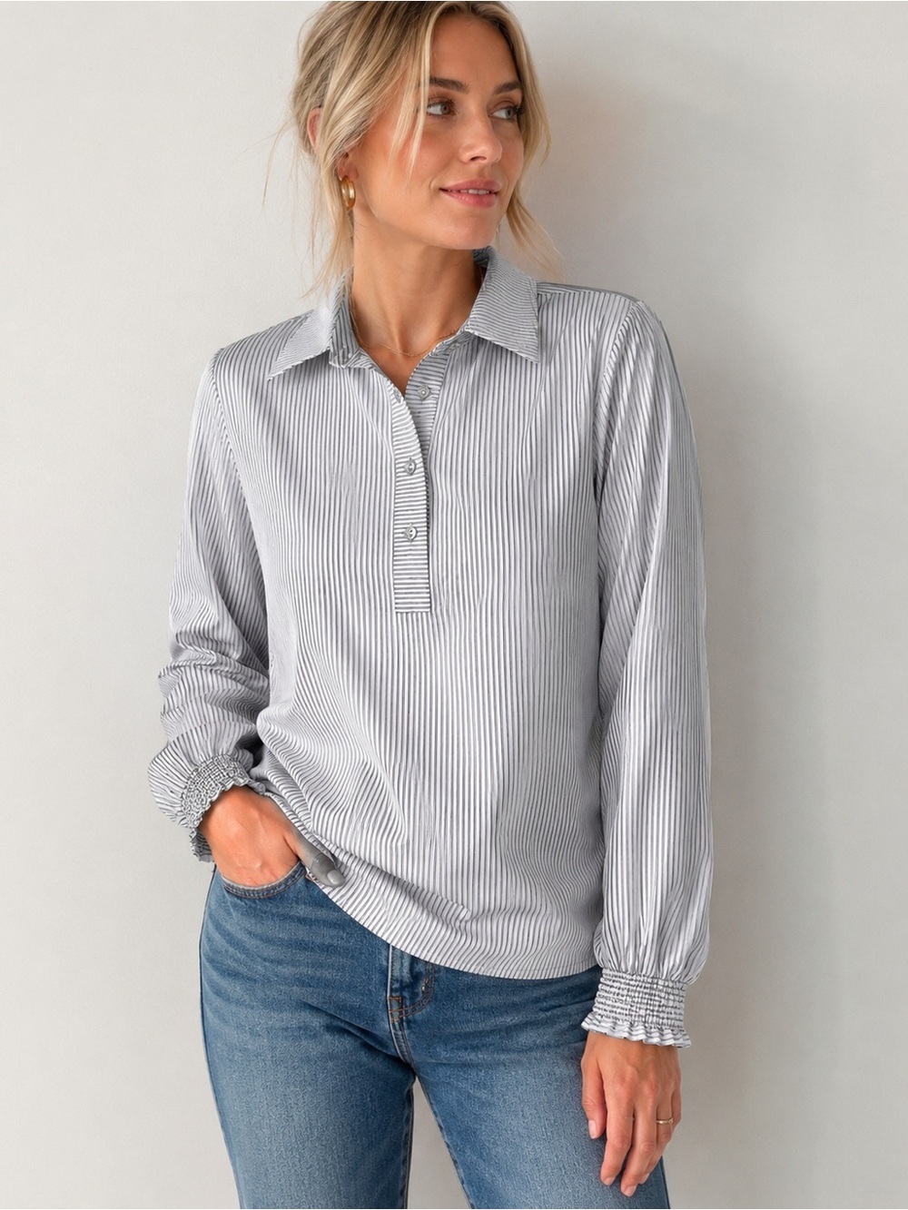 CAbi Gray and White Striped Button-Front Shirt